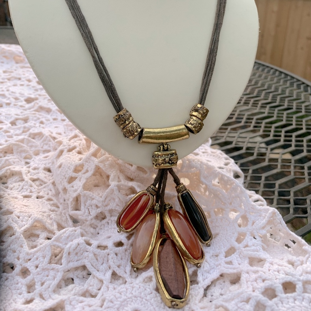 Long, Brown Leather Necklace with Brass Accent and Orange/Cream, Long Beads